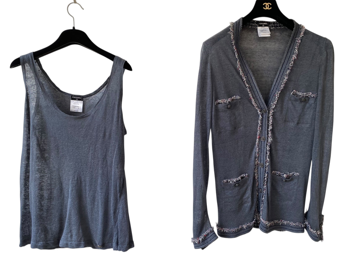 Chanel Blue Linen Tweed Trim Blouse and Cardigan TwinSet FR 42