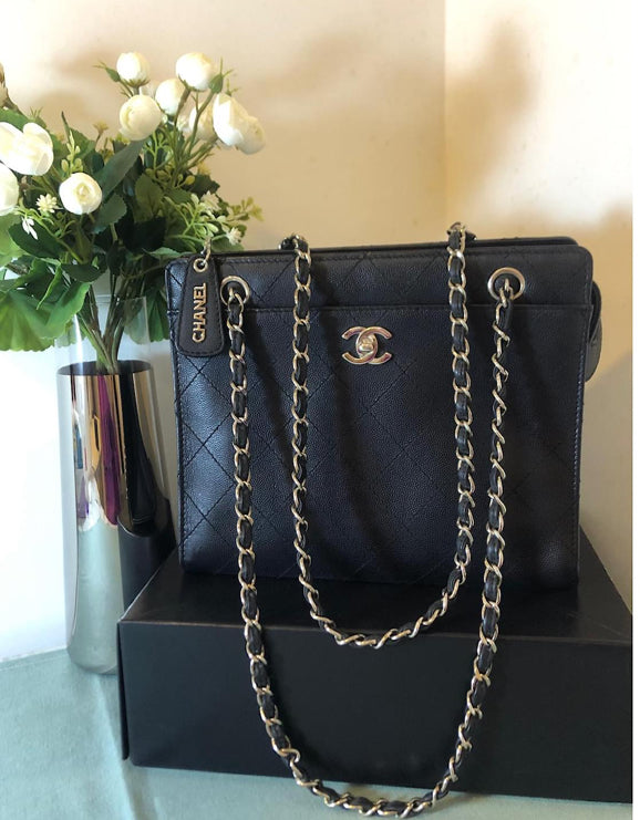 Chanel Vintage 1998 Black Caviar Leather Medium Tote with Silver Hardware