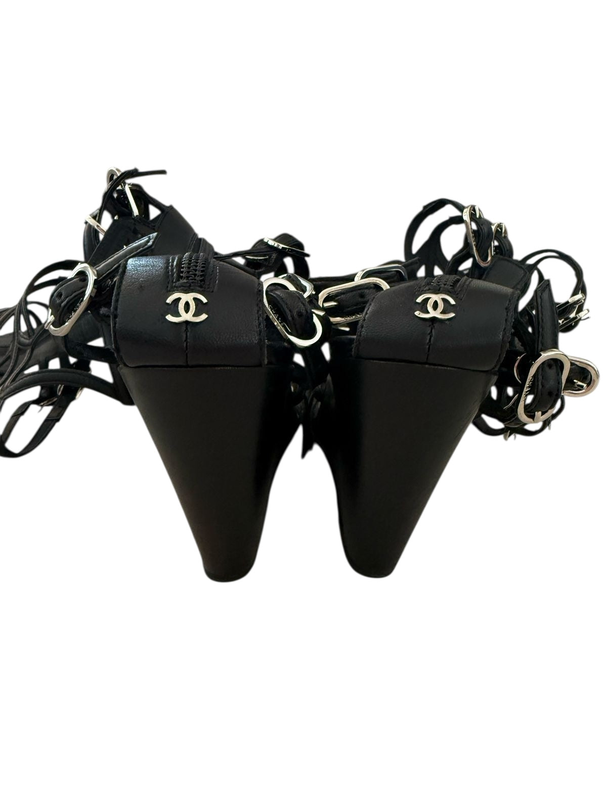 Chanel 2010 Black Leather Interlocking CC Gladiator Wedge Sandals EU 39