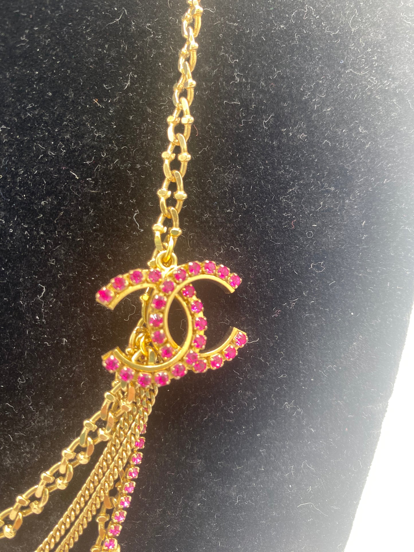 Chanel 12P Multi Strand Pink Swarovski Crystal Gold CC Necklace