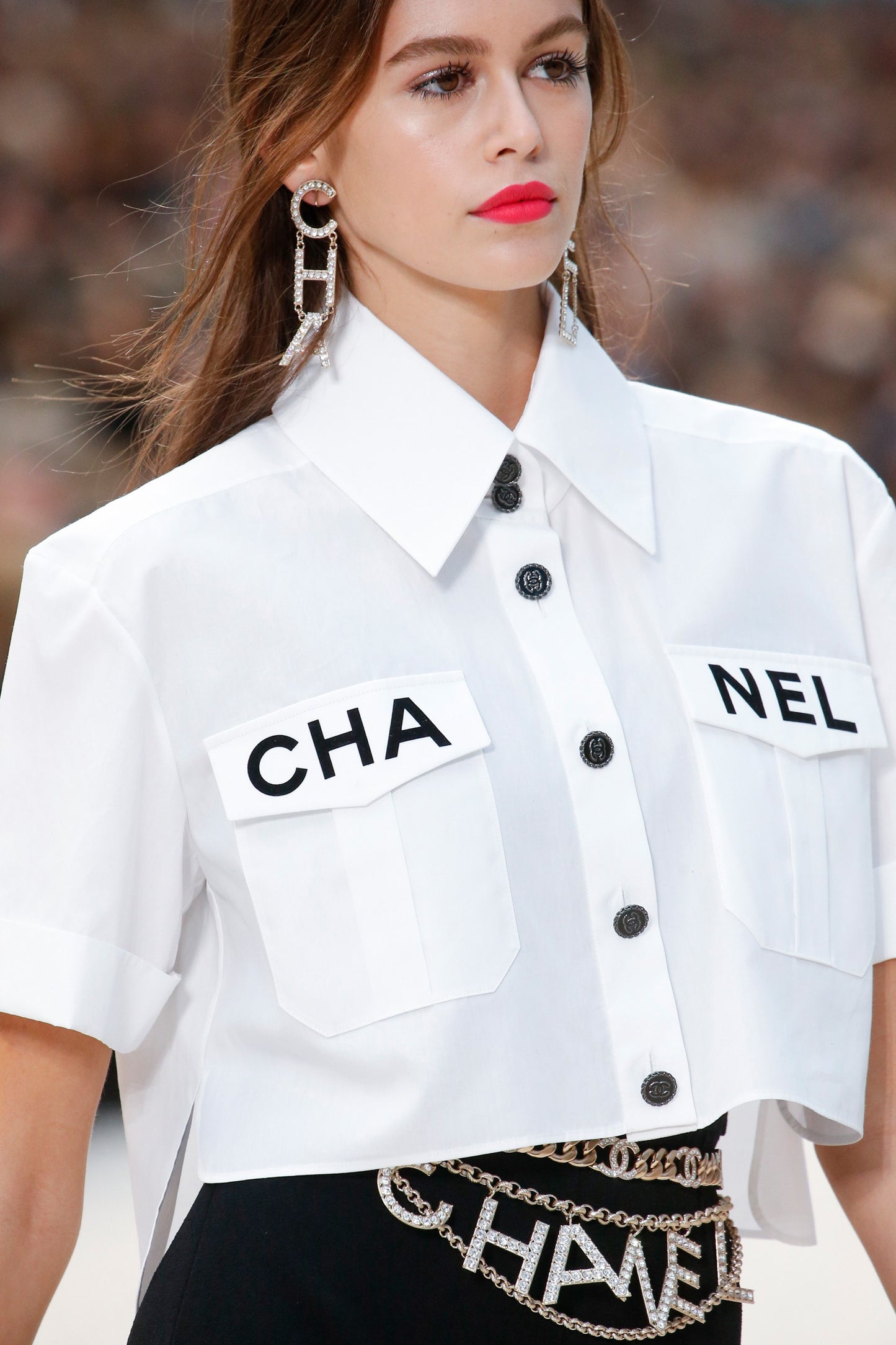 Chanel 2019 Logo Runway White Cropped Shirt Blouse FR 38