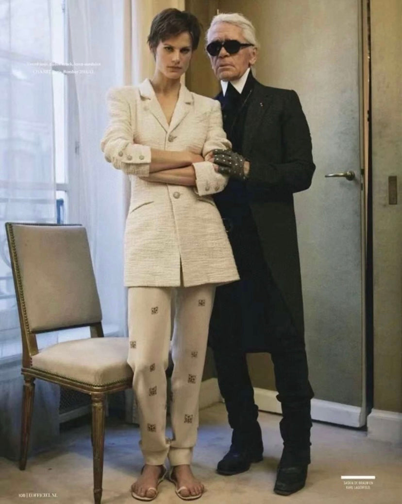Chanel 12A Paris-Bombay Runway Ivory Ecru Cotton Tweed Blazer Long Jacket FR 38