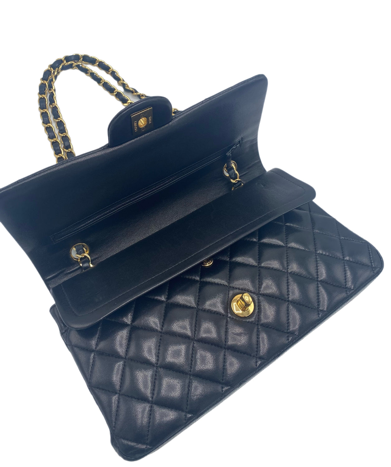 Chanel Classic Timeless Double Flap Medium Lambskin Black Shiny Gold Hardware