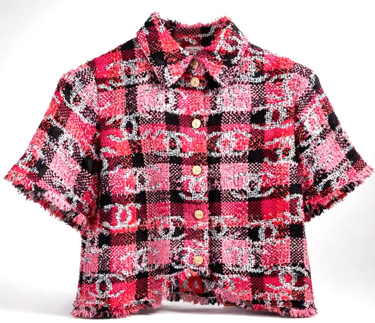 Chanel 22M Coco Beach CC Logo Pink Sequin Fantasy Tweed Blouse Vest FR 36