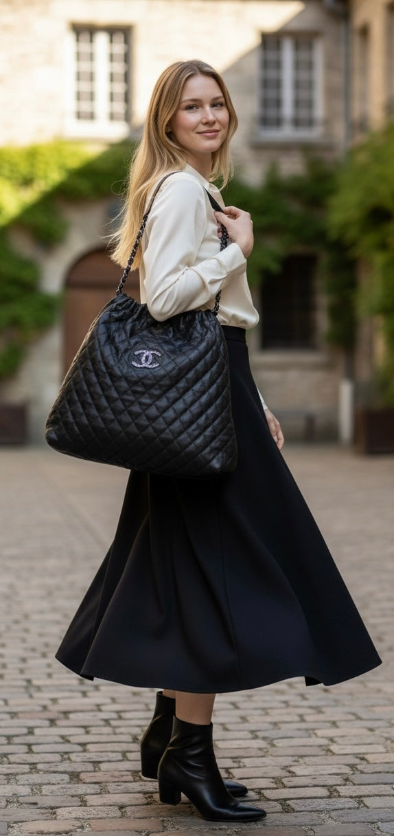 Chanel 10A Large Black Caviar Quilted Elastic Tote Shoulder Bag