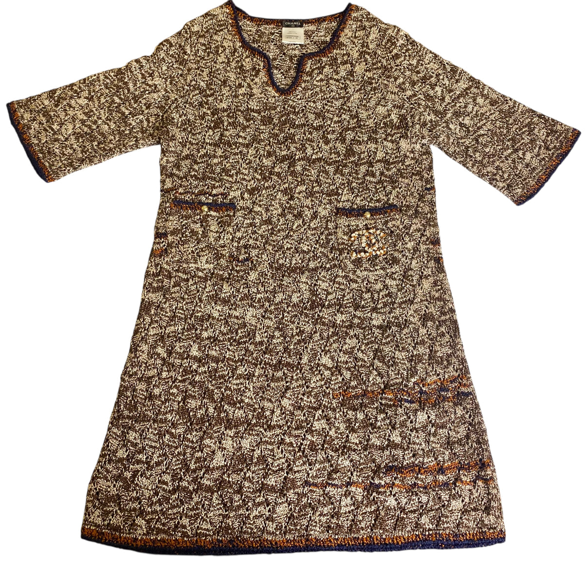 Chanel Brown Orange Navy CC Knit Crochet Dress FR 46