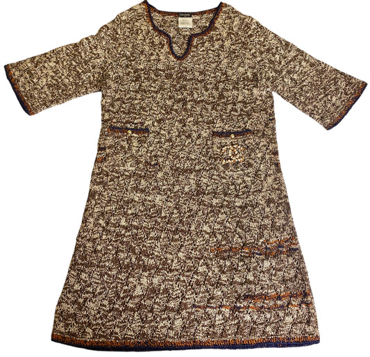 Chanel Brown Orange Navy CC Knit Crochet Dress FR 46