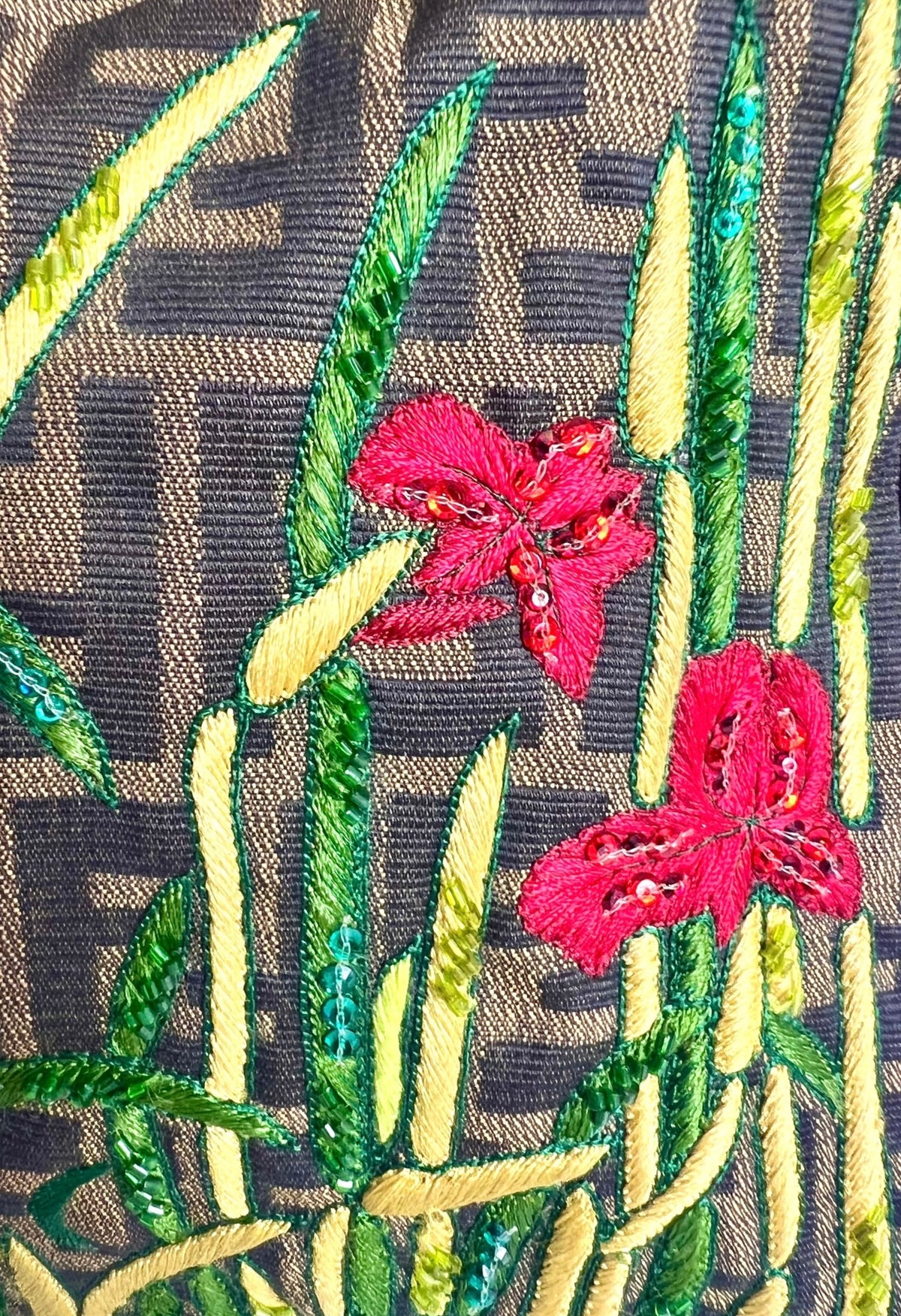Vintage FENDI Garden Floral Embroidered Beaded Pony Hair Zucca FF Mamma Baguette Bag