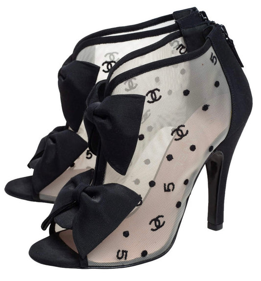 Chanel 09P CC Mesh Open Toe Bowtie Ankle Bootie Heels Size EU 37.5C