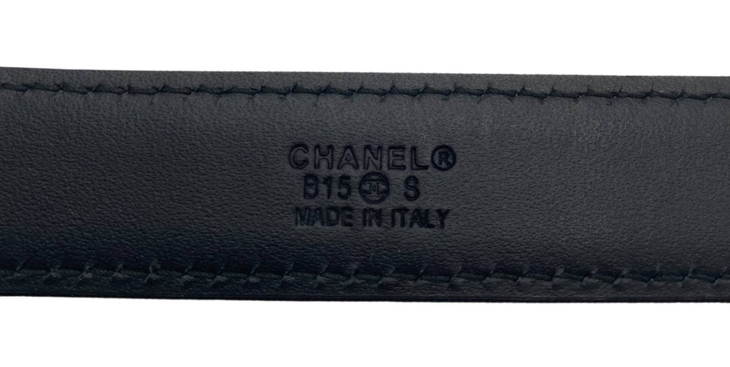 Chanel 15S Black Leather Grosgrain Crystal Letters Silver Buckle Belt Size 90/36