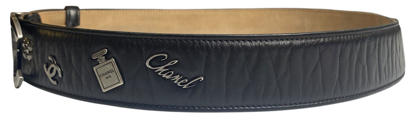 Chanel 12P Lucky Charms Black Distressed Glazed Calfskin Leather Belt Size 85/34