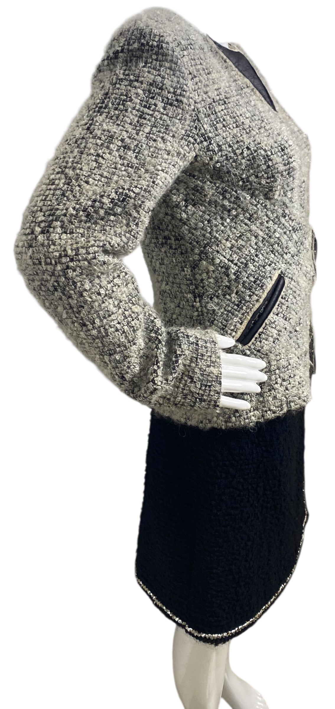 Chanel 10A Shanghai Shearling Tweed CC Grey Black Leather Trim Jacket Coat FR 36