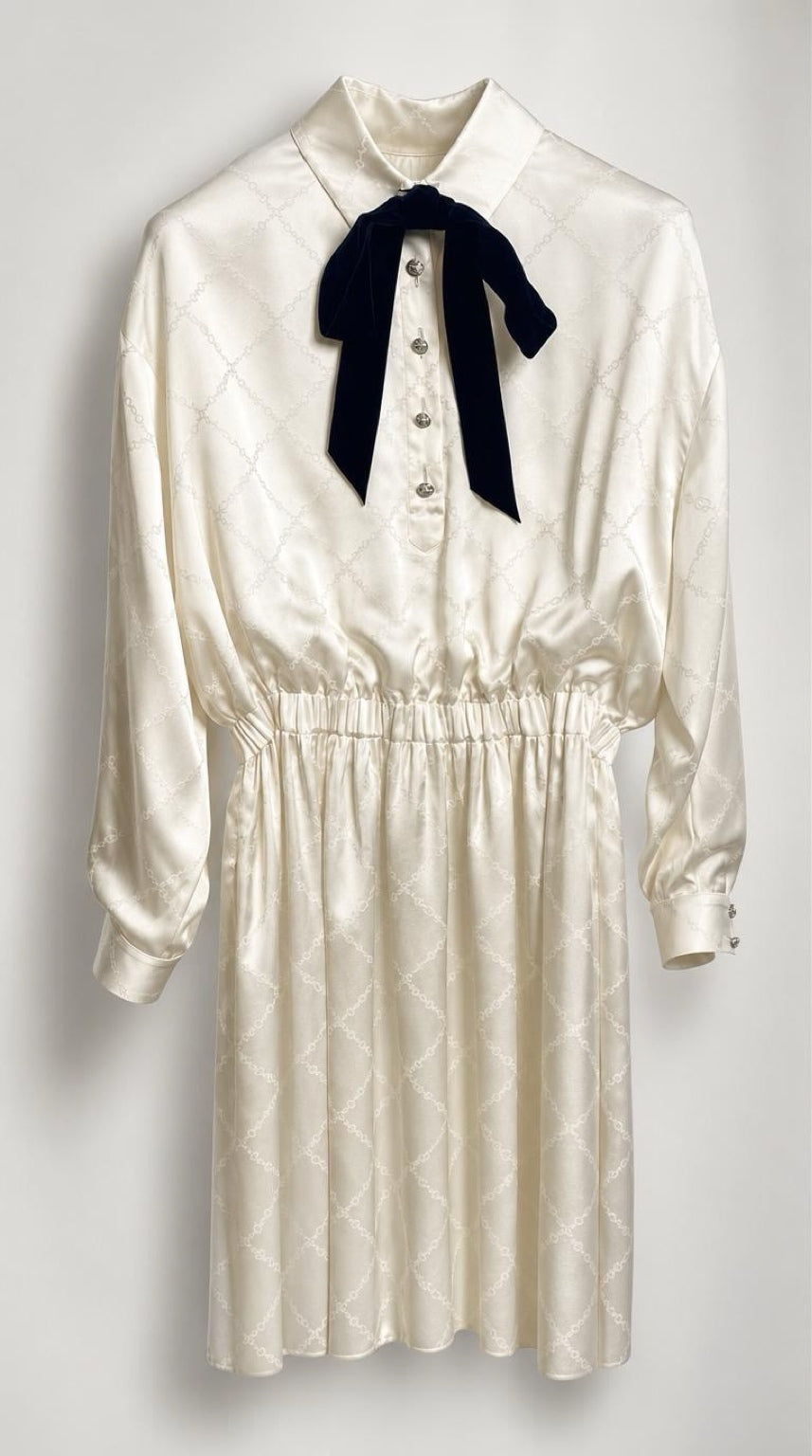 Chanel 23C Ecru Jacquard Silk CC Logo Velvet Bow Blouson Dress FR 40