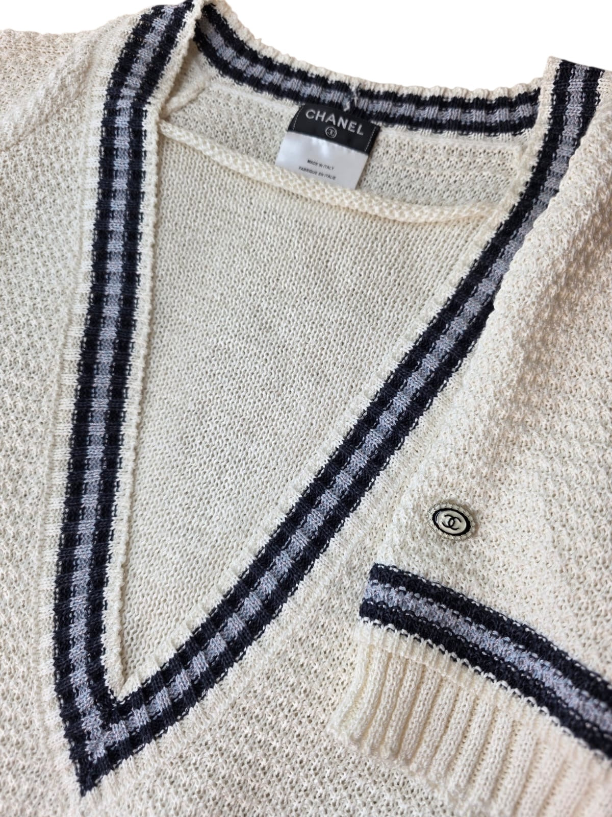 Chanel 14C Ecru Navy Black Varsity Knit Dress FR 44