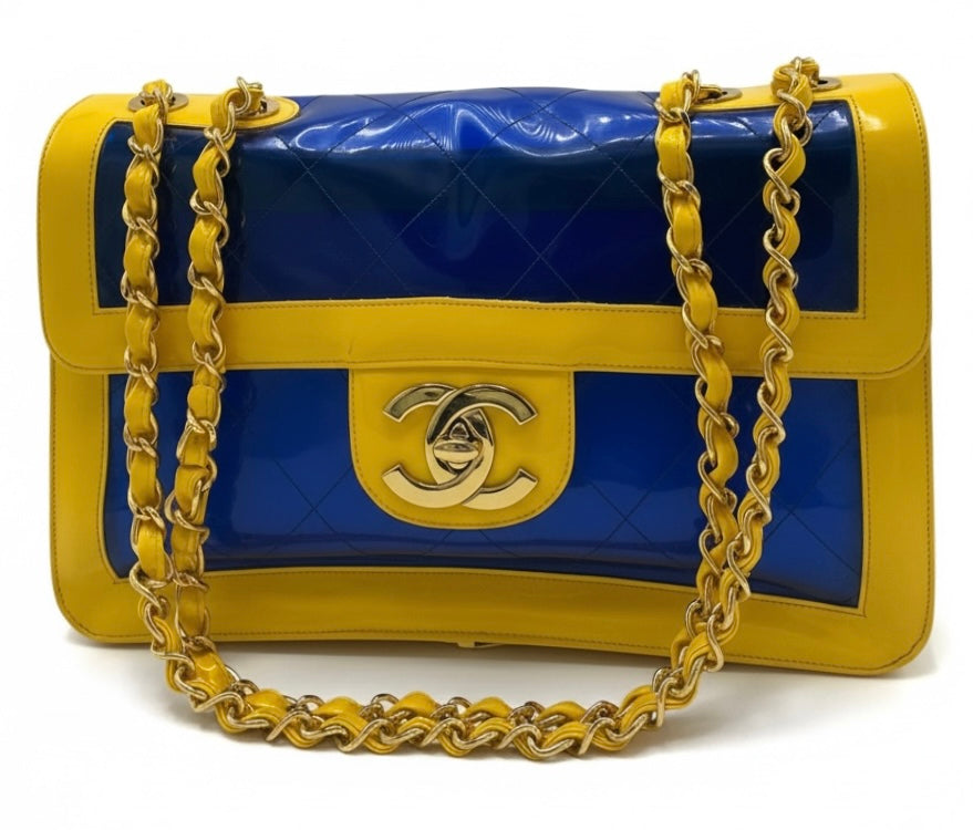 Chanel Ultra Rare 1995 Barbie Collection Yellow Blue Maxi PVC Vinyl Patent Flap Bag