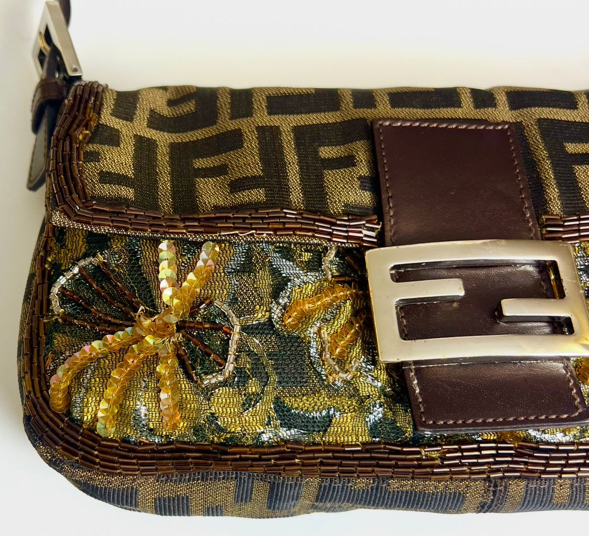 Rare Fendi Vintage Floral Lace Bead Embroidered Classic Zucca Baguette Bag