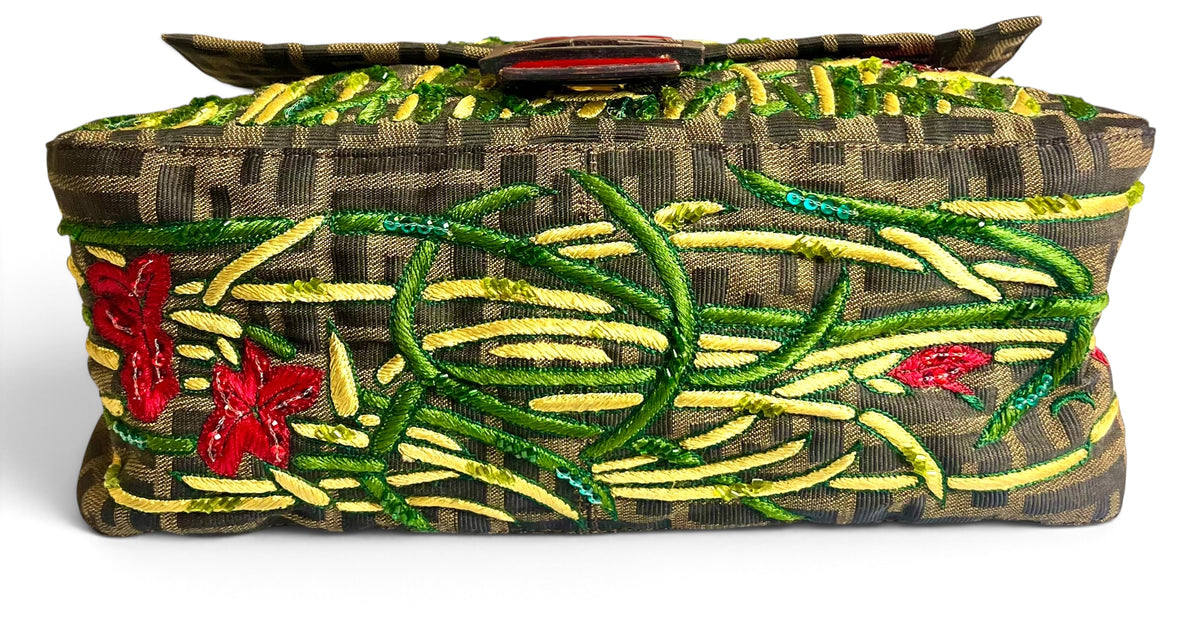 Vintage FENDI Garden Floral Embroidered Beaded Pony Hair Zucca FF Mamma Baguette Bag
