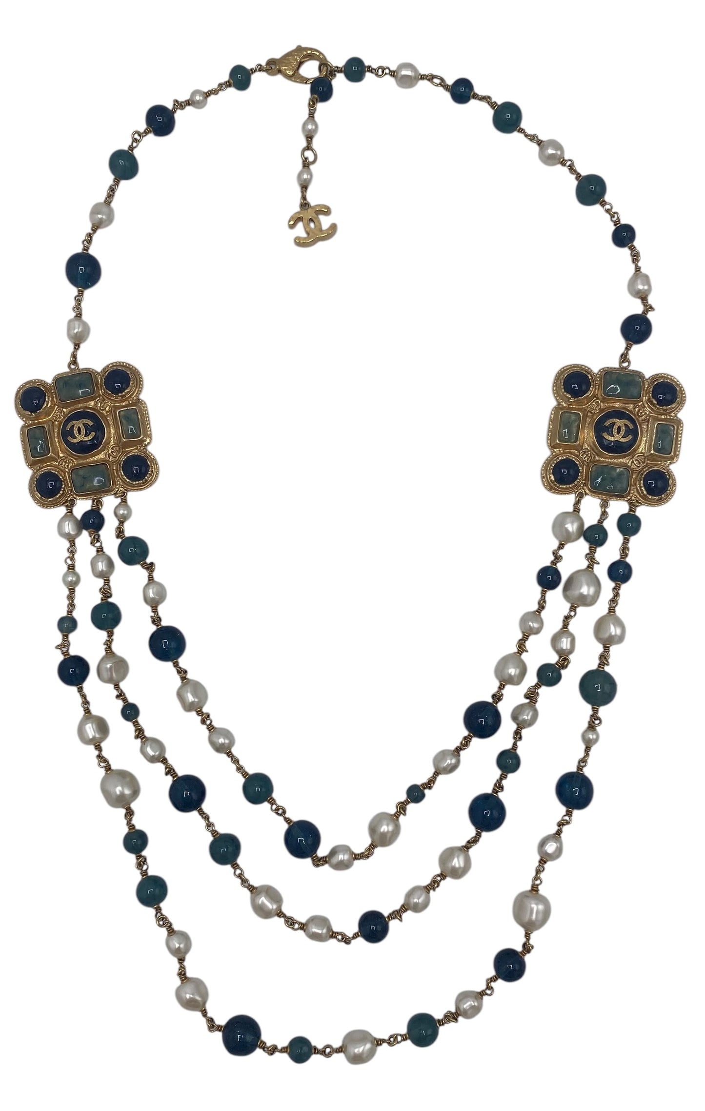 Chanel 11A Paris-Byzance 3 Strand Pearl Medallion Gold Green Blue Necklace/Belt