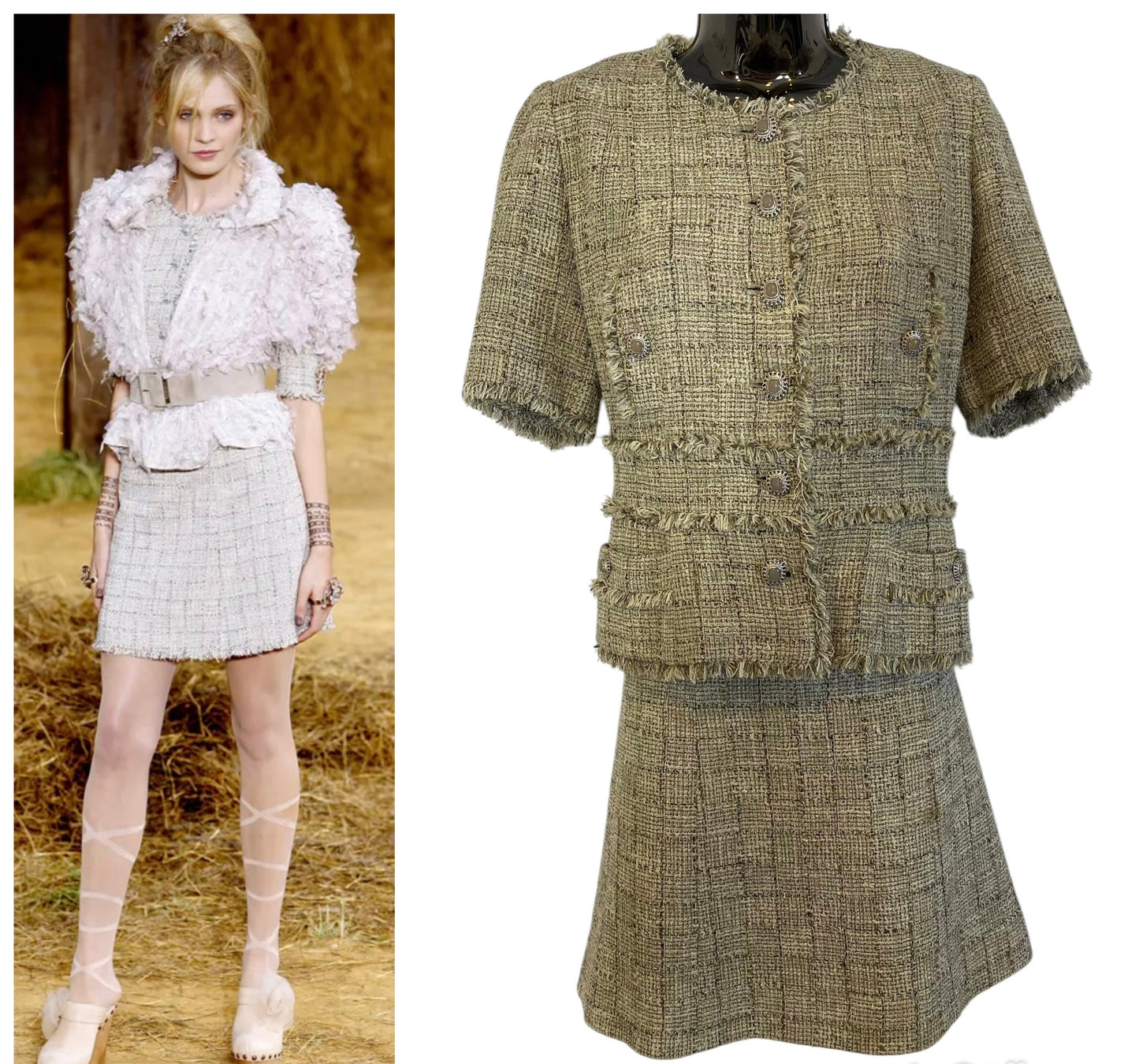 Chanel 10P Fantasy Tweed Beige Metallic Gold Jacket Skirt Suit Set FR 42/44