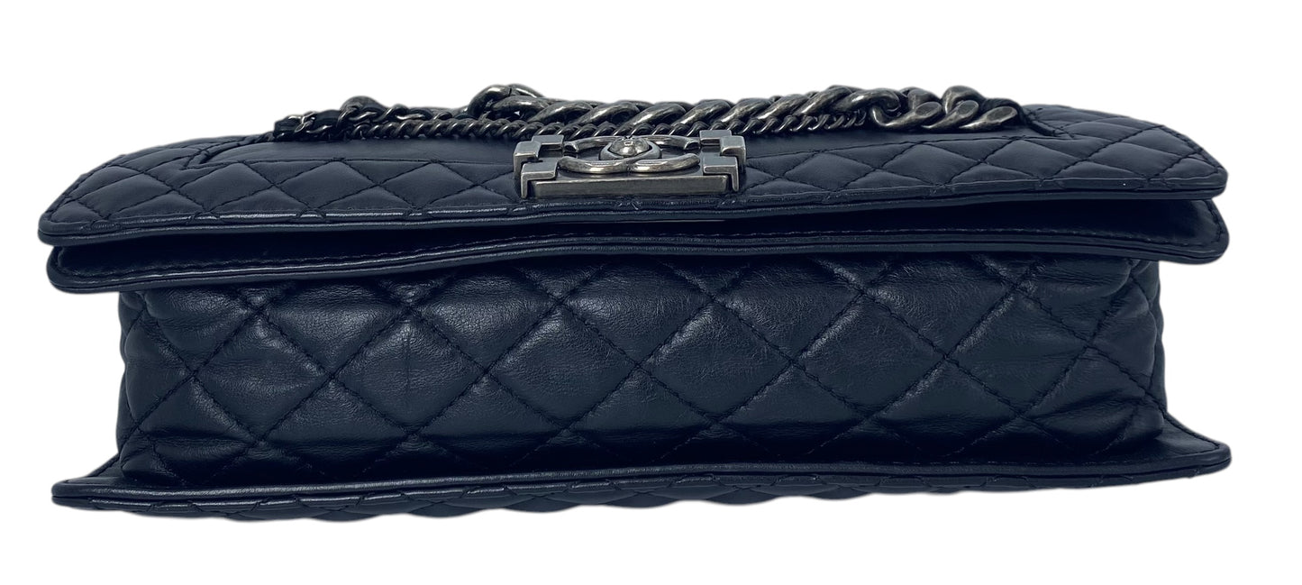 Chanel 2013 Enchained Boy Bag Black Leather Medium Flap Bag