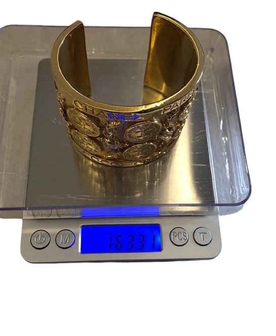 Vintage 1970’s Chanel 24K Gold Plated Metal Coin CC Logos Cuff Bangle Bracelet