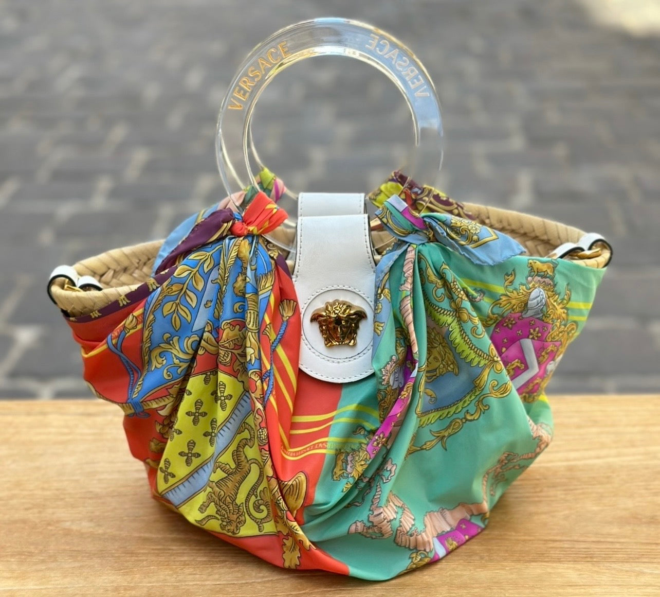 Versace 2022 La Medusa Small Straw Raffia Silk Bag