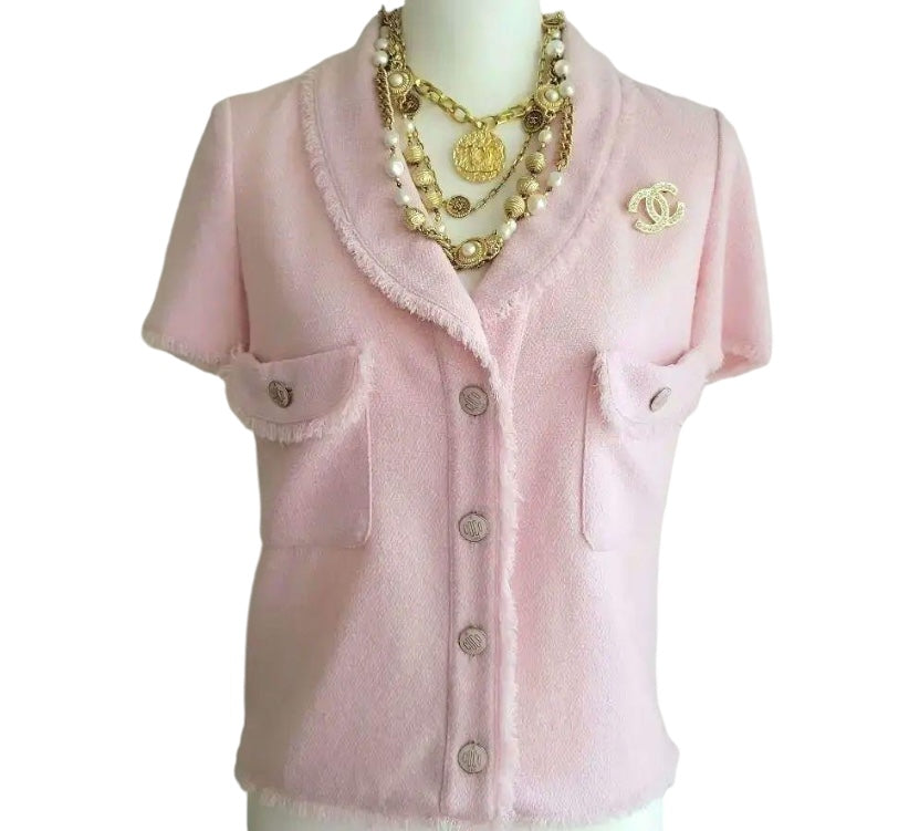 Chanel 2008 Runway Coco Line Pink Wool Boucle Short Sleeve Top Blouse Jacket FR 36