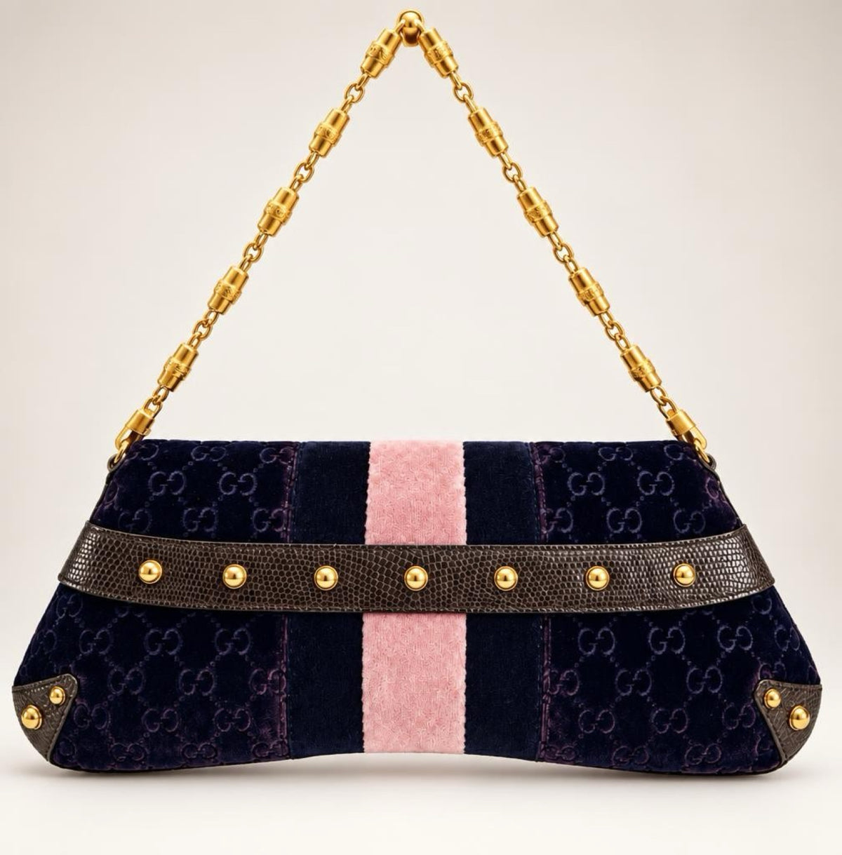 GUCCI Tom Ford XL Purple Velvet GG Exotic Lizard Trim Horsebit Clutch Bag