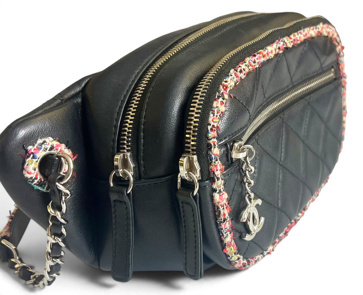 Chanel 19S Black Leather Multicolor Tweed Trim Quilted Waist Belt Bag