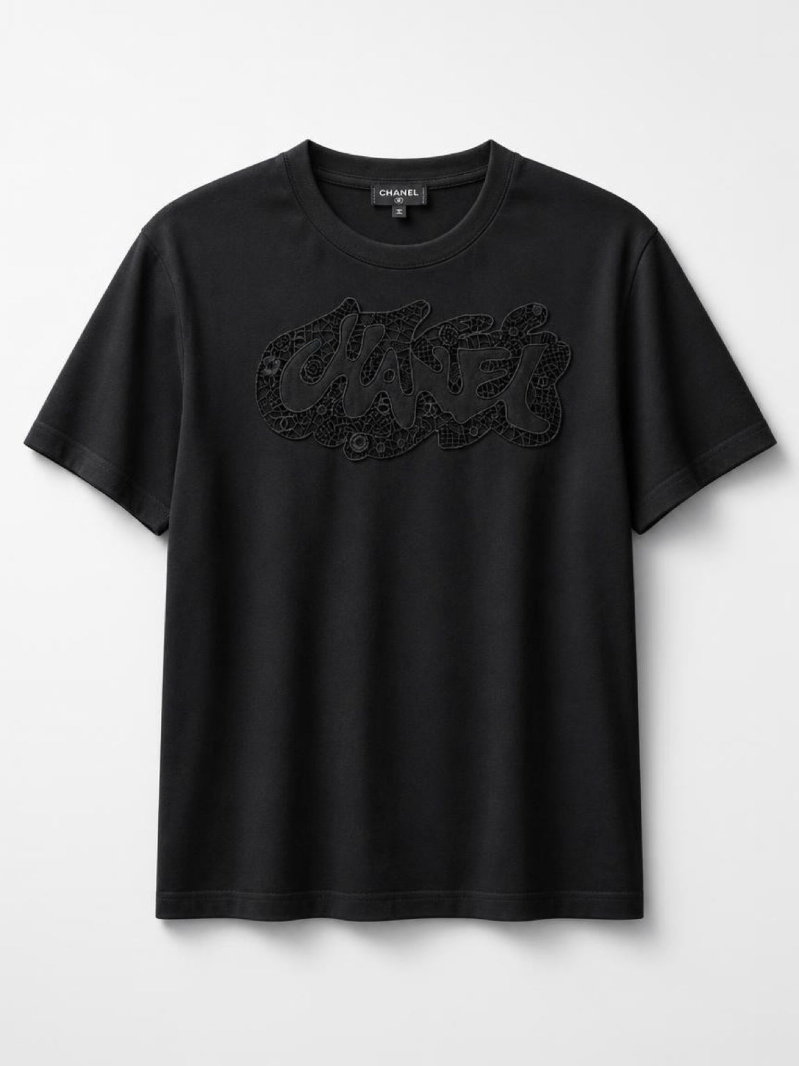 Chanel 20S Black Cotton Cut Out Embroidered Tee Shirt FR 38/40