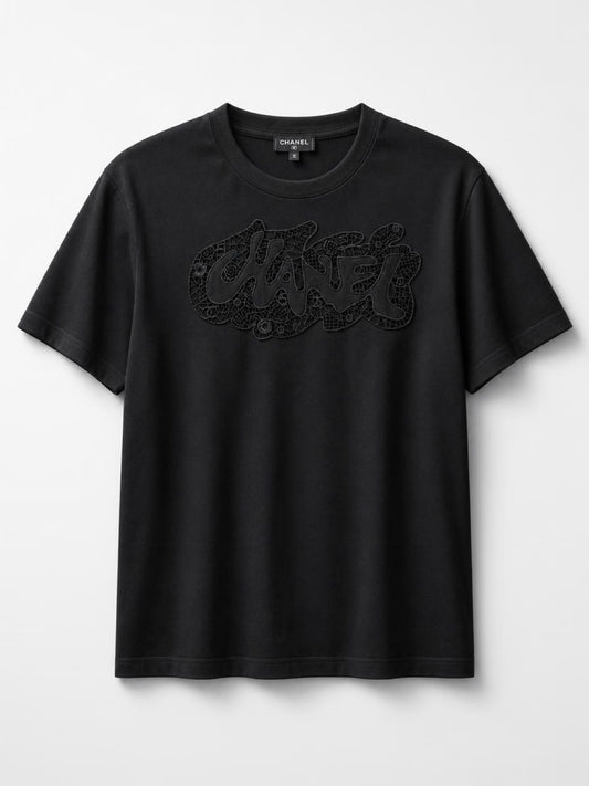 Chanel 20S Black Cotton Cut Out Embroidered Tee Shirt FR 38/40