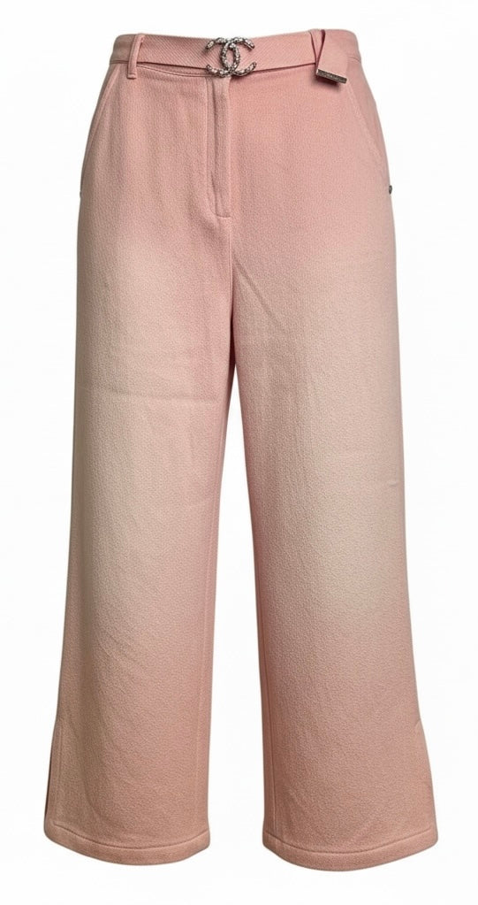 Chanel 19S Sand by the Sea CC Buckle Light Pink Cotton Wide Leg Jeans FR 44