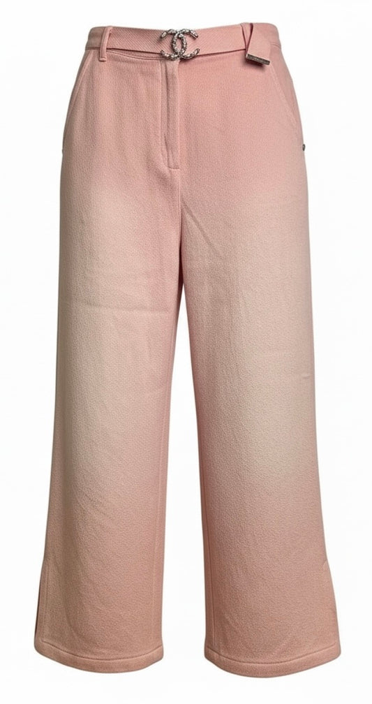 Chanel 19S Sand by the Sea CC Buckle Light Pink Cotton Wide Leg Jeans FR 44