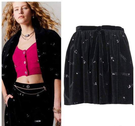 CHANEL 22B COCO NEIGE VELVET BLACK SEQUIN CC BOW SKIRT FR 38