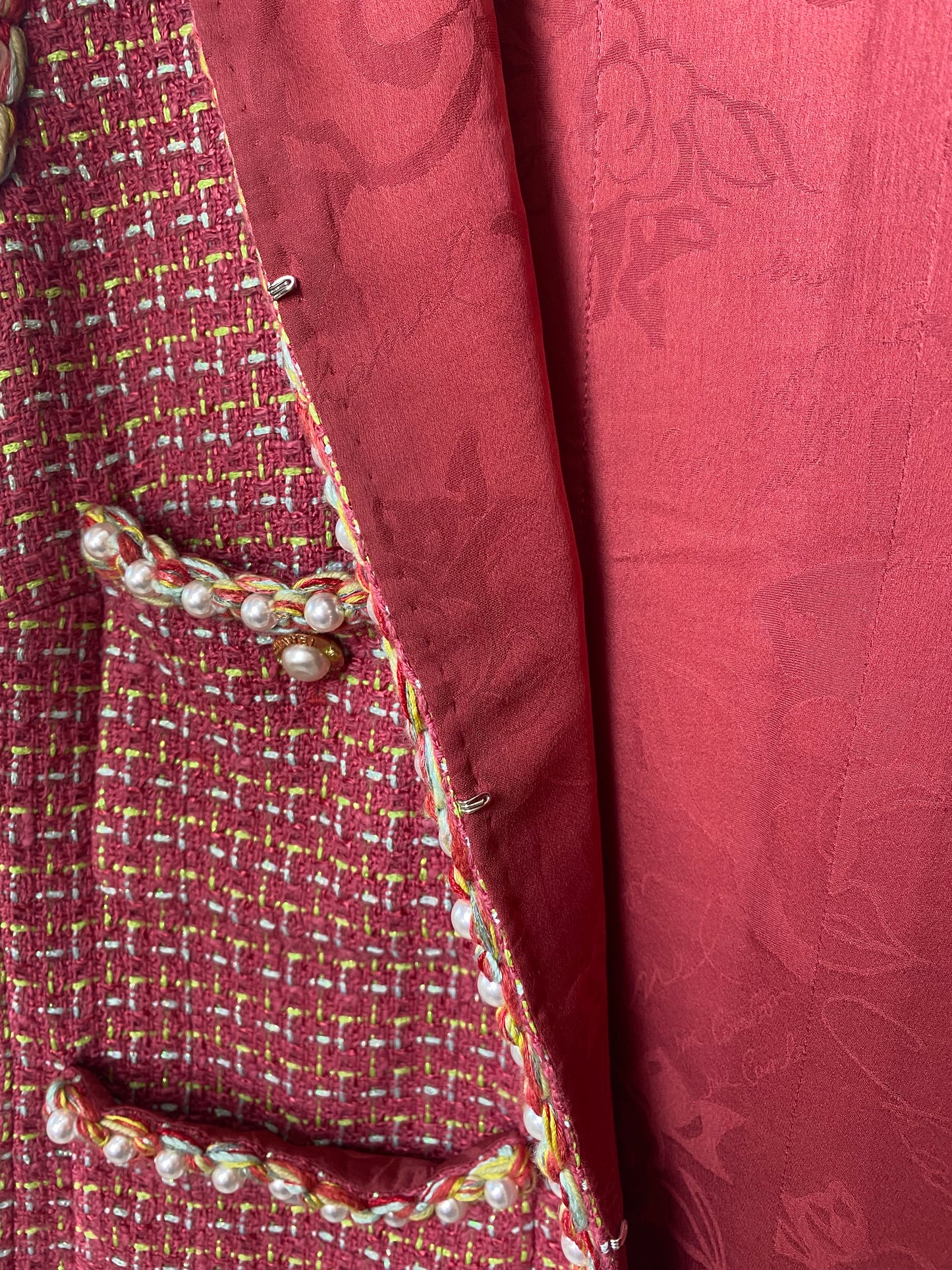 Chanel 17S Red Multicolor Pearl Trim Tweed Waistcoat Vest FR 40