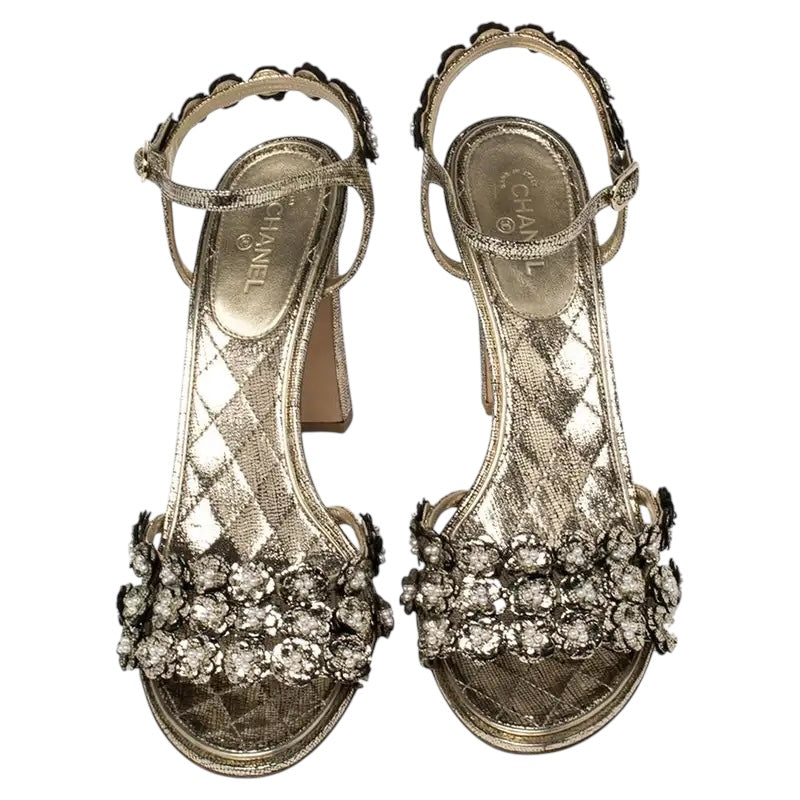 Chanel Gold Metallic Leather Camellia Pearl Sandals Heels EU 38.5C
