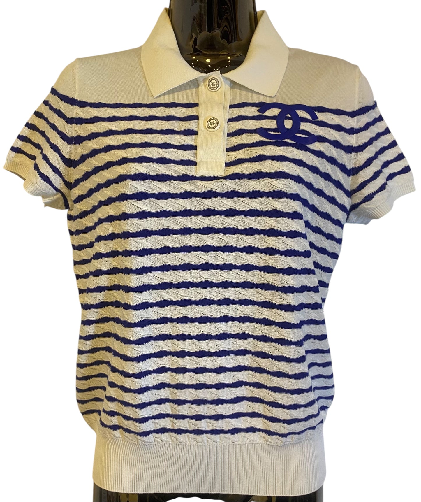 Chanel 19C La Pausa Cotton CC Logo Polo T-Shirt Stripe Blue White FR 36