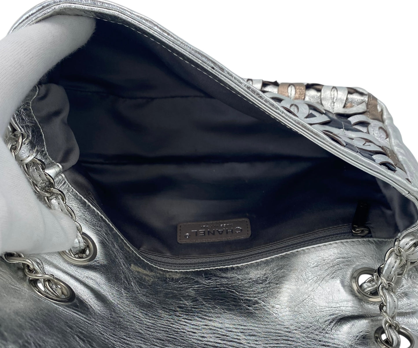 Chanel 08P CC Cutout Silver Metallic Limited Edition Medium Flap Bag