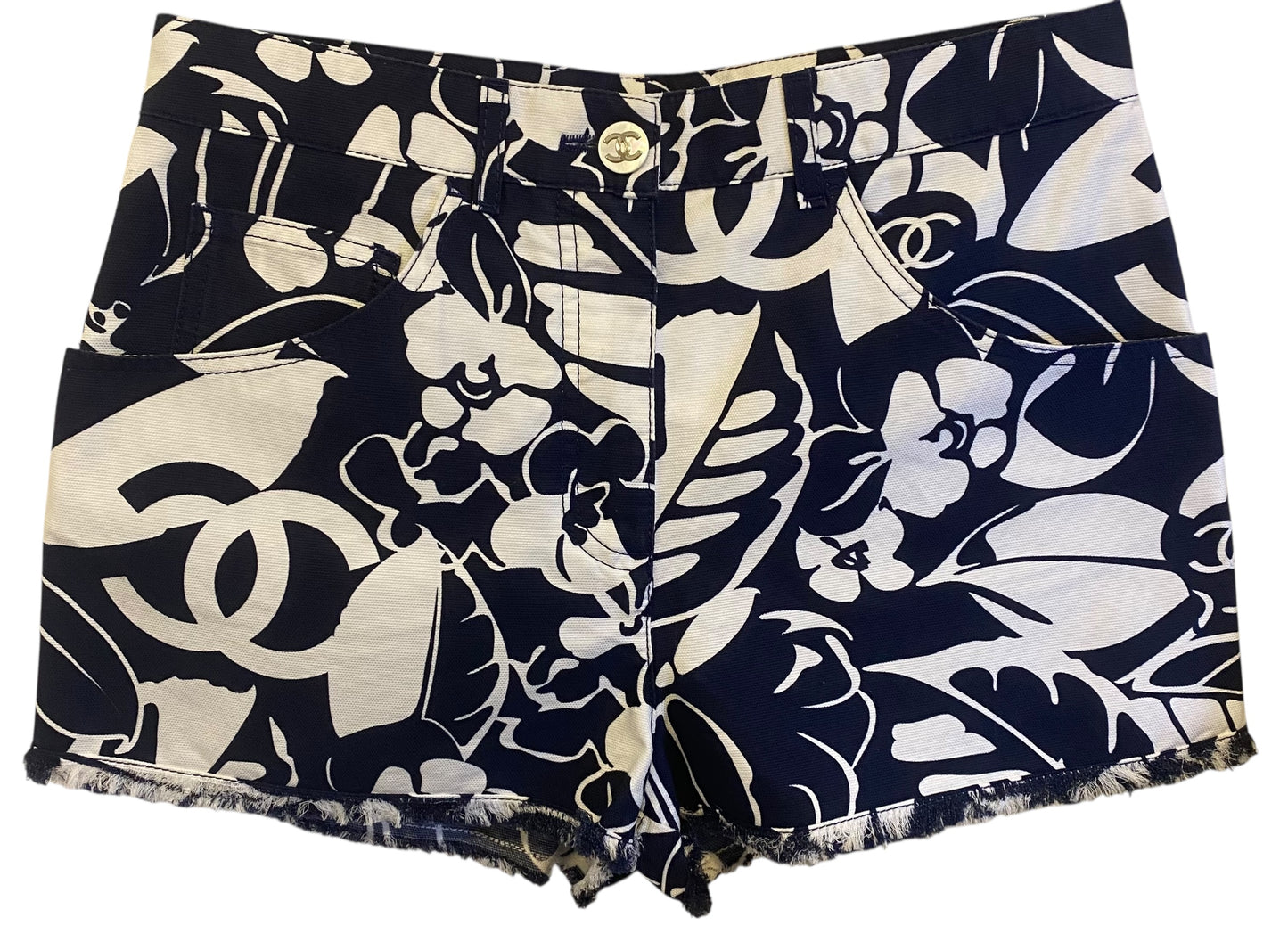 Chanel 2021 Coco Beach Navy Blue White Mini Cotton Shorts FR 38