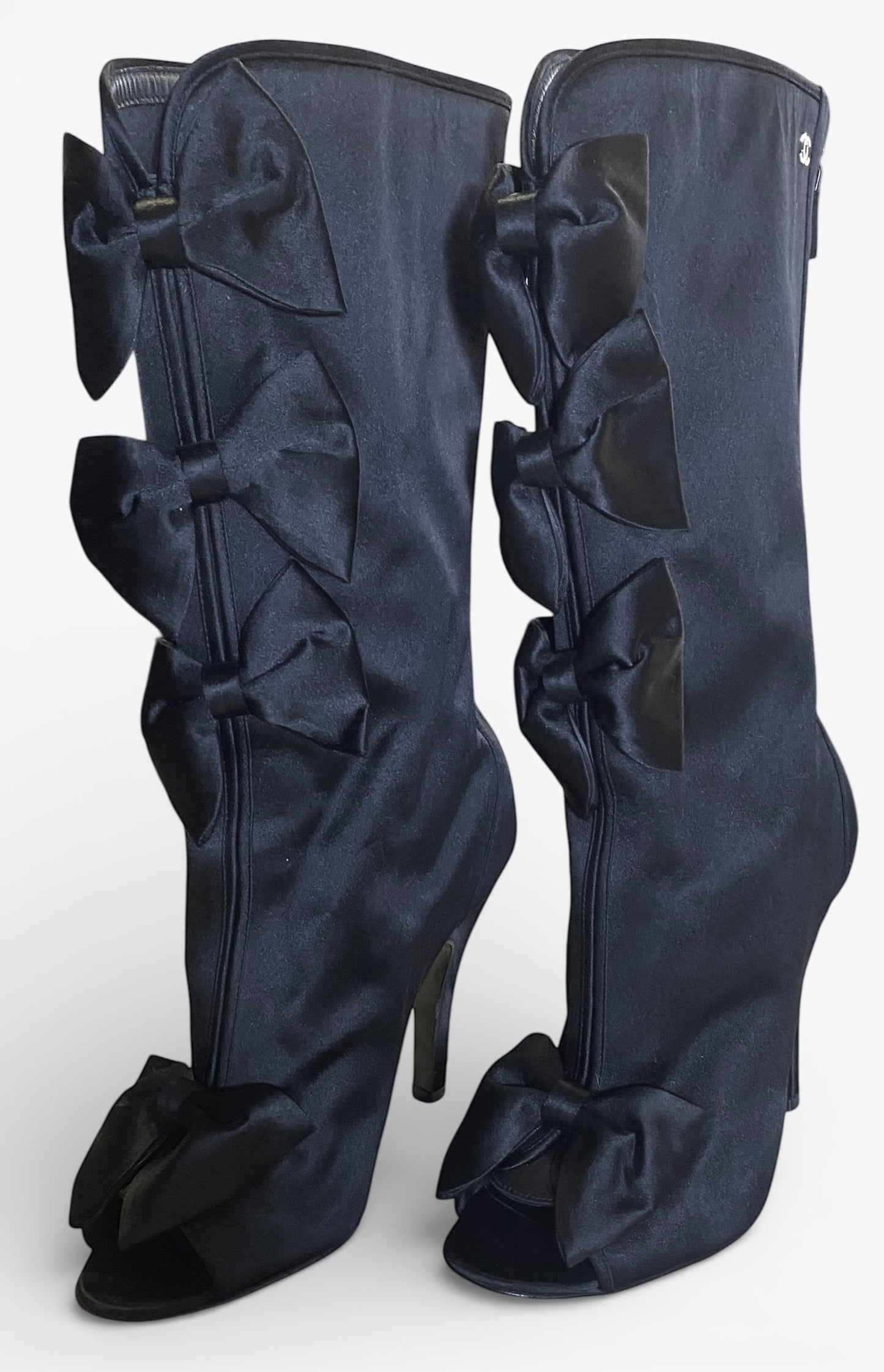 Rare Chanel 09P Black Satin CC Bow Mid Calf Peep Toe Booties Ankle Boot Heels FR 38
