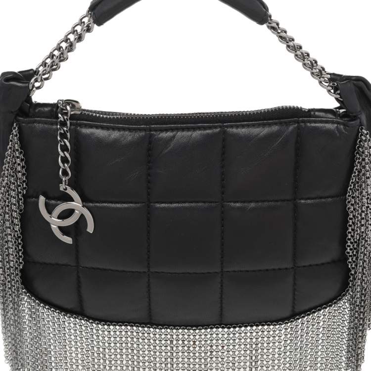 Rare Chanel 02A Mini Black Quilted Lambskin Silver CC Chain Fringe Bag