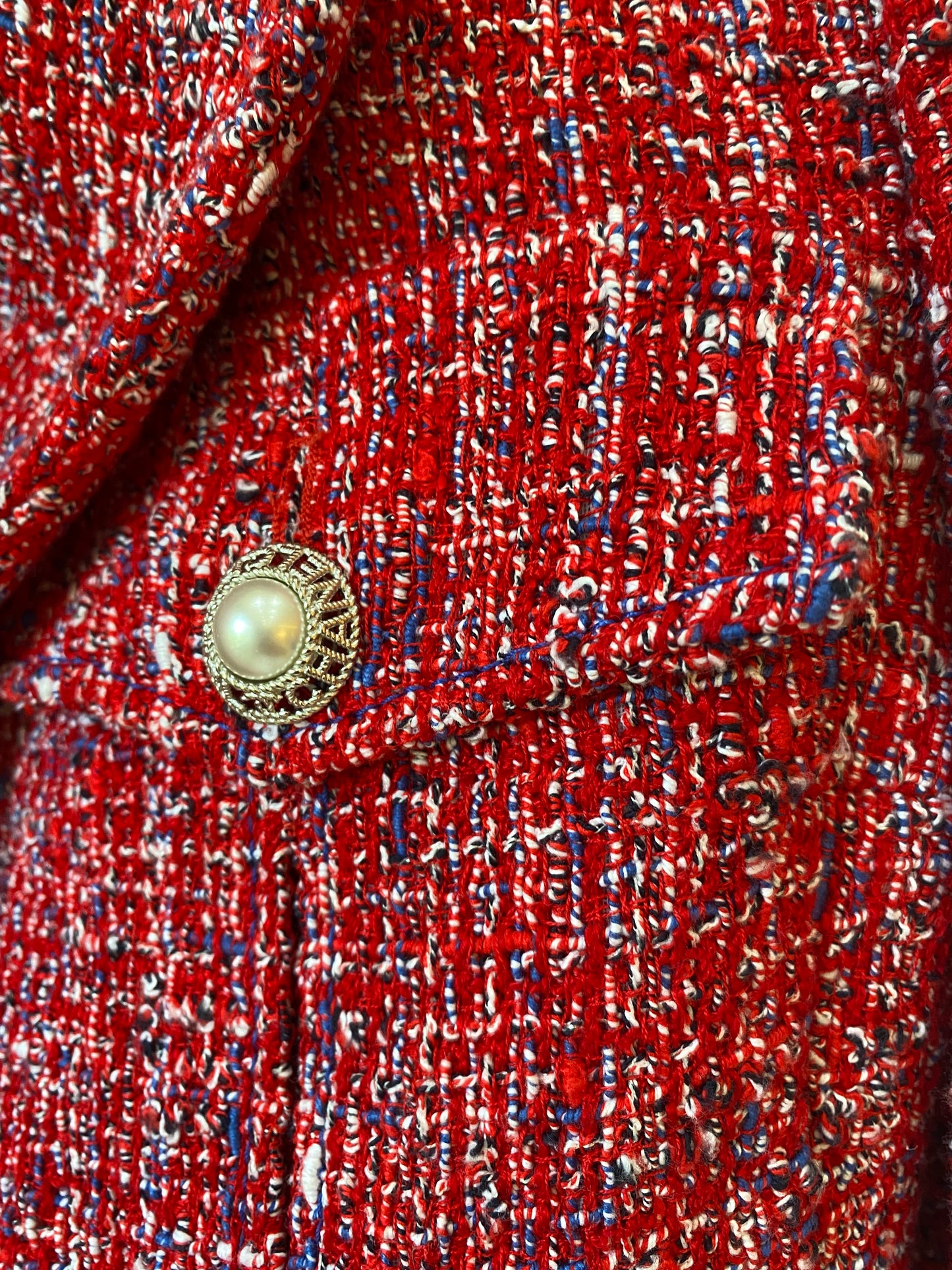 Chanel 19C La Pausa Red Tweed Pearl Jacket FR 38