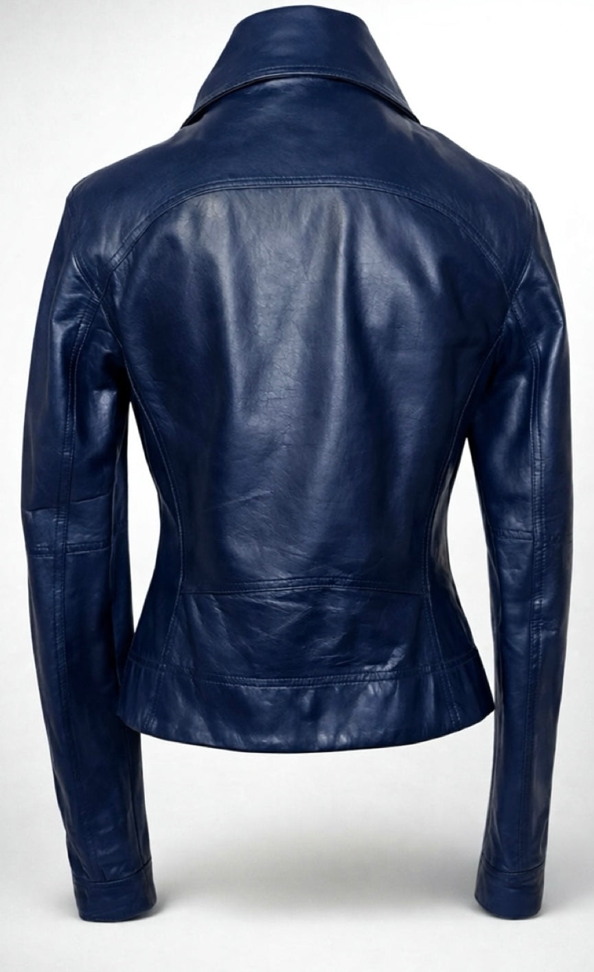 Chanel 12P Dark Blue Petrol Quilted Leather Biker Jacket FR 36