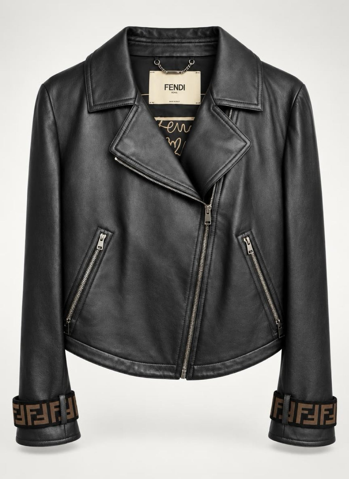 Fendi Black Leather Zucca Velvet Trim Biker Jacket IT 40
