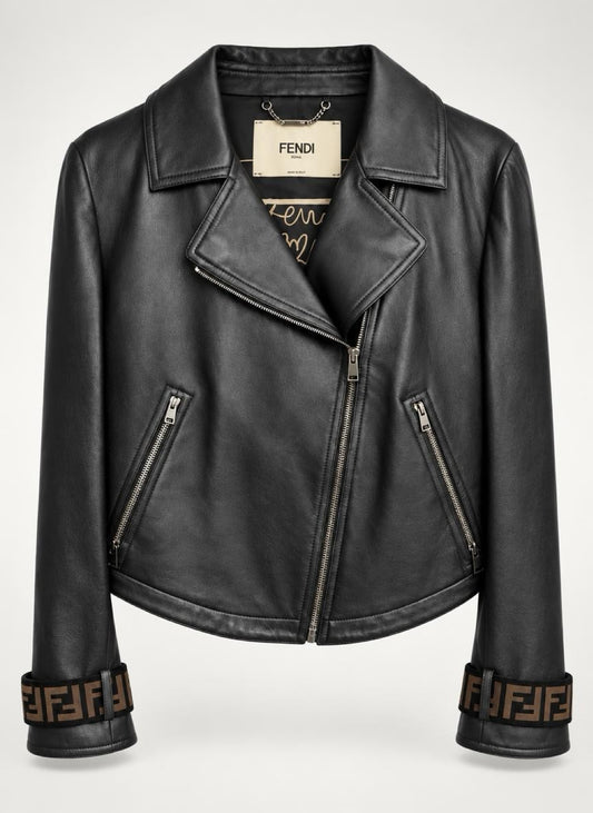 Fendi Black Leather Zucca Velvet Trim Biker Jacket IT 40