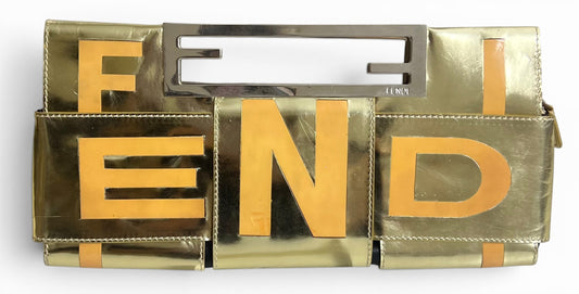 Rare Vintage Fendi 2007 Limited Edition Metallic Gold Patent Leather Crossword Clutch Bag