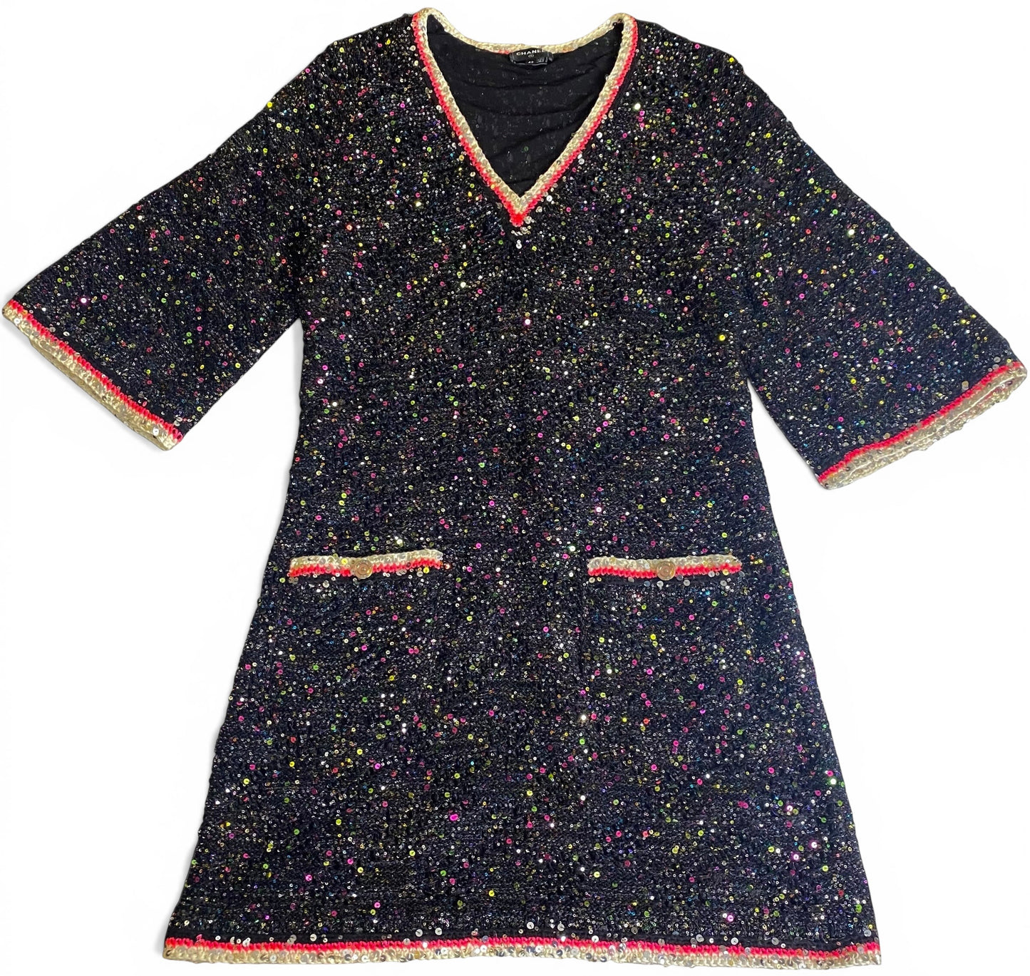 Chanel 24C Multicolor Black Pink White Knit Sequin Dress FR 40