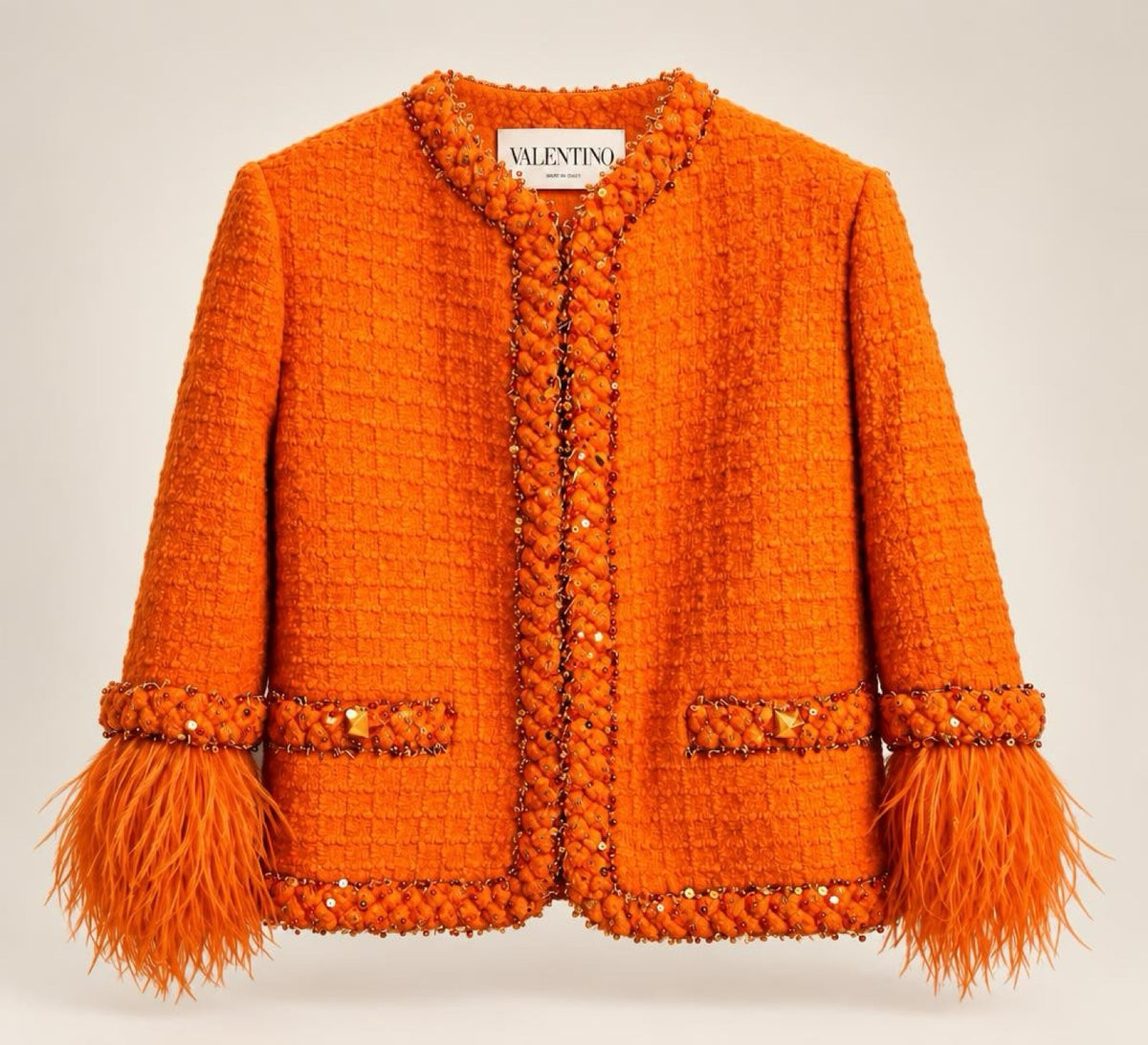 Valentino Orange Tweed Sequin Ostrich Feathers Jacket IT 38/40 US S/M