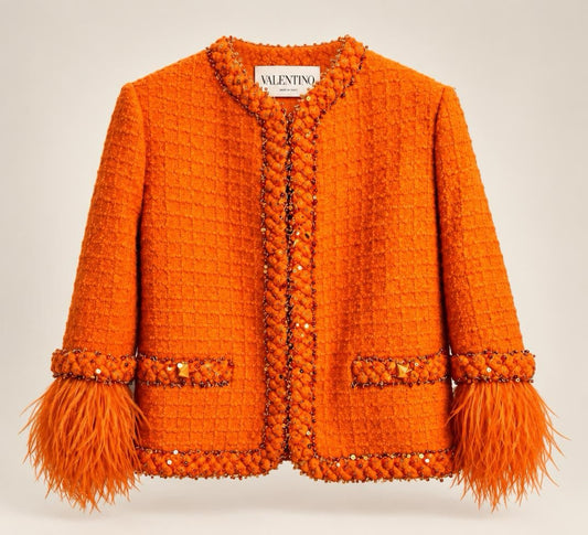 Valentino Orange Tweed Sequin Ostrich Feathers Jacket IT 38/40 US S/M