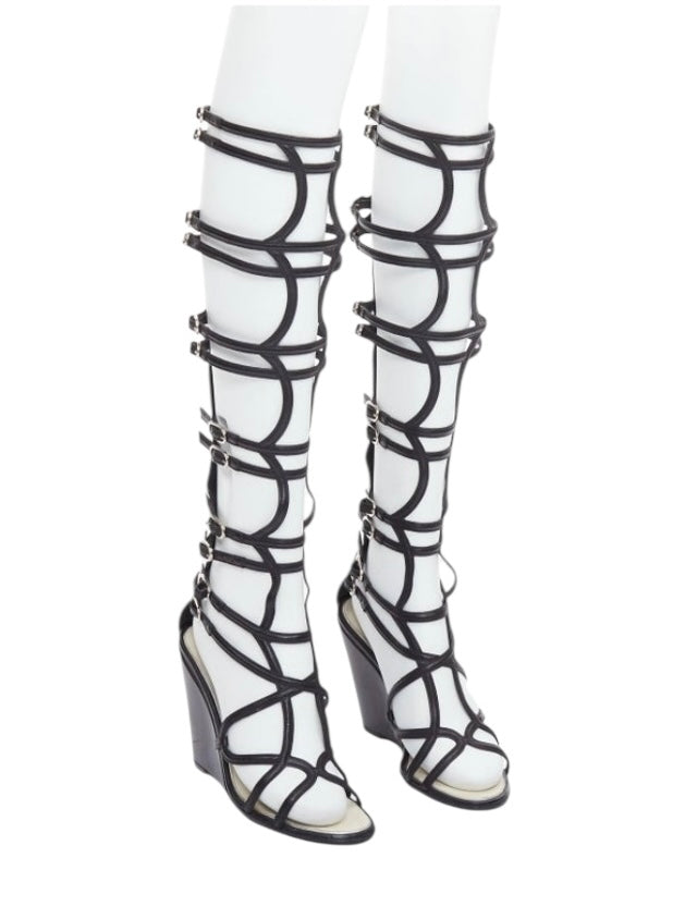 Chanel 2010 Black Leather Interlocking CC Gladiator Wedge Sandals EU 39